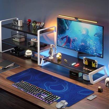 Abstract Topography Design Desk Mat,Large Dark Blue Topographic Line Art Gaming Keyboard Mouse Pad,Non-Slip Rubber Base Desk Pad Thick Stitched Edges Waterproof Mousepad Mouse Mat 31.5"x11.8"