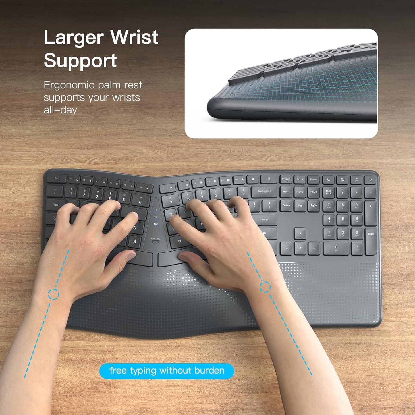 Ergonomic Wireless Keyboard with Wrist Rest, 2.4G Full Size Split Ergo Keyboard with Wave Keys, Comfortable Natural Typing for Windows Computer Desktop Laptop