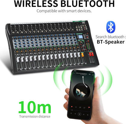 XTUGA 16 Channel Audio Mixer Sound Board Mixing Console, Audio Interface PC USB Bluetooth with 48V Phantom Digital Effect for DJ Live Recording Studio Karaoke(CT160)