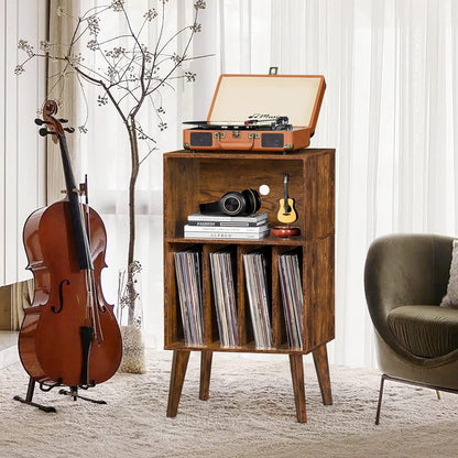 Lerliuo Record Player Stand, Brown Turntable Stand Holds up to 160 Albums, Mid-Century Vinyl Storage Cabinet Table with Solid Wood Legs, Record Player Holder Dispaly Shelf for Bedroom Living Room