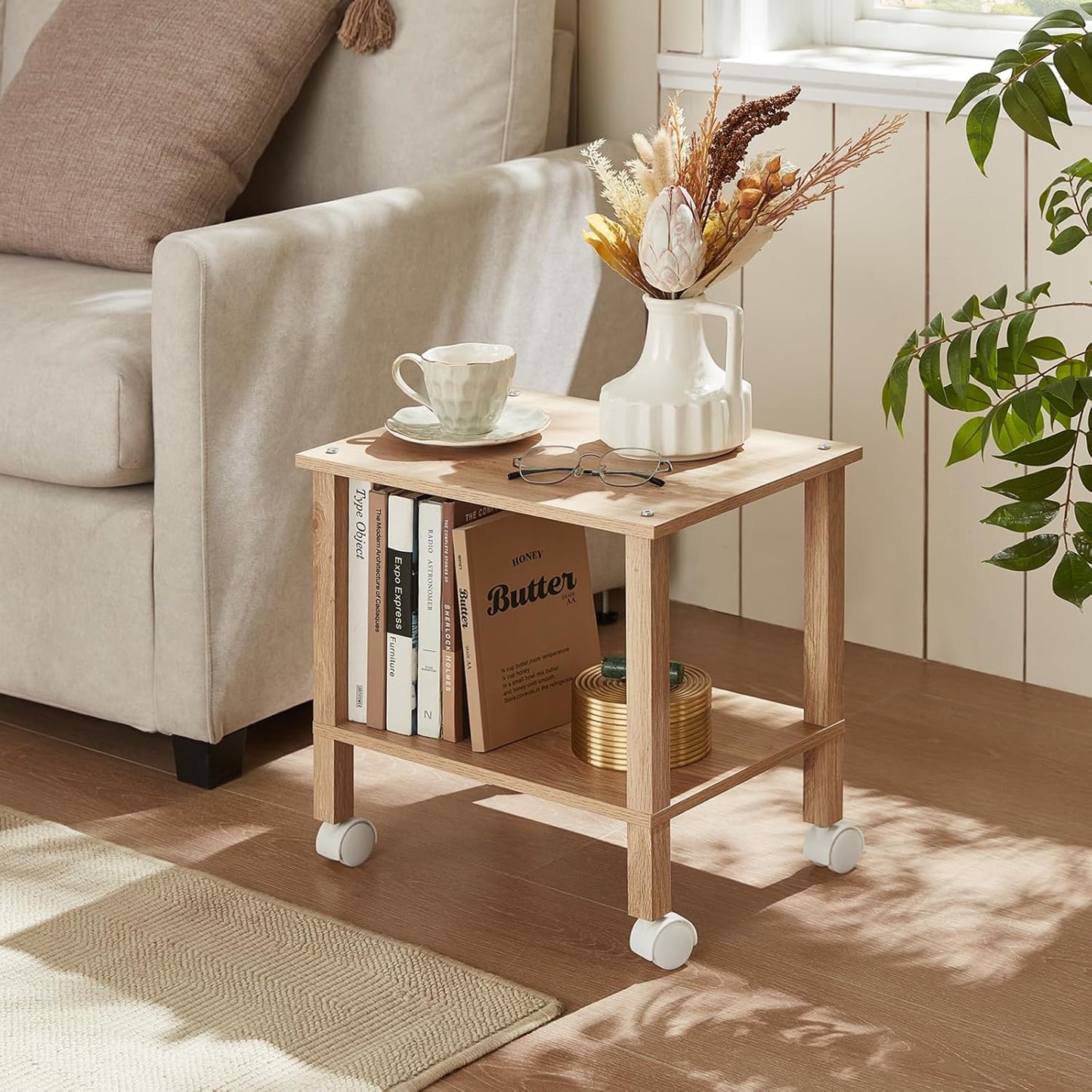 2 Tier Printer Stand with Storage,Under Desk Shelf Printer Table,Small Printer Stand with Wheels,Rolling Printer Cart for Office,Home,Wood Color