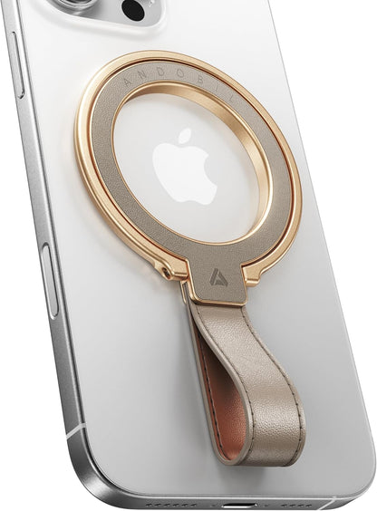 andobil[2025 Premium Leather]Magnetic Phone Grip for MagSafe[Unrivaled Stability]Adjustable Phone Ring Kickstand with Leather Loop Compatible with MagSafe Accessories&iPhone 16 Pro Max/15/14/13,Greige