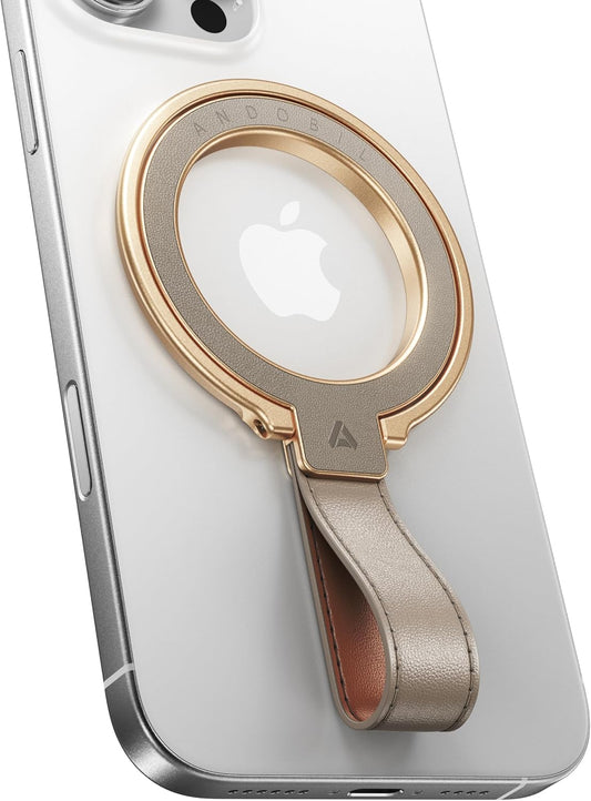 andobil[2025 Premium Leather]Magnetic Phone Grip for MagSafe[Unrivaled Stability]Adjustable Phone Ring Kickstand with Leather Loop Compatible with MagSafe Accessories&iPhone 16 Pro Max/15/14/13,Greige