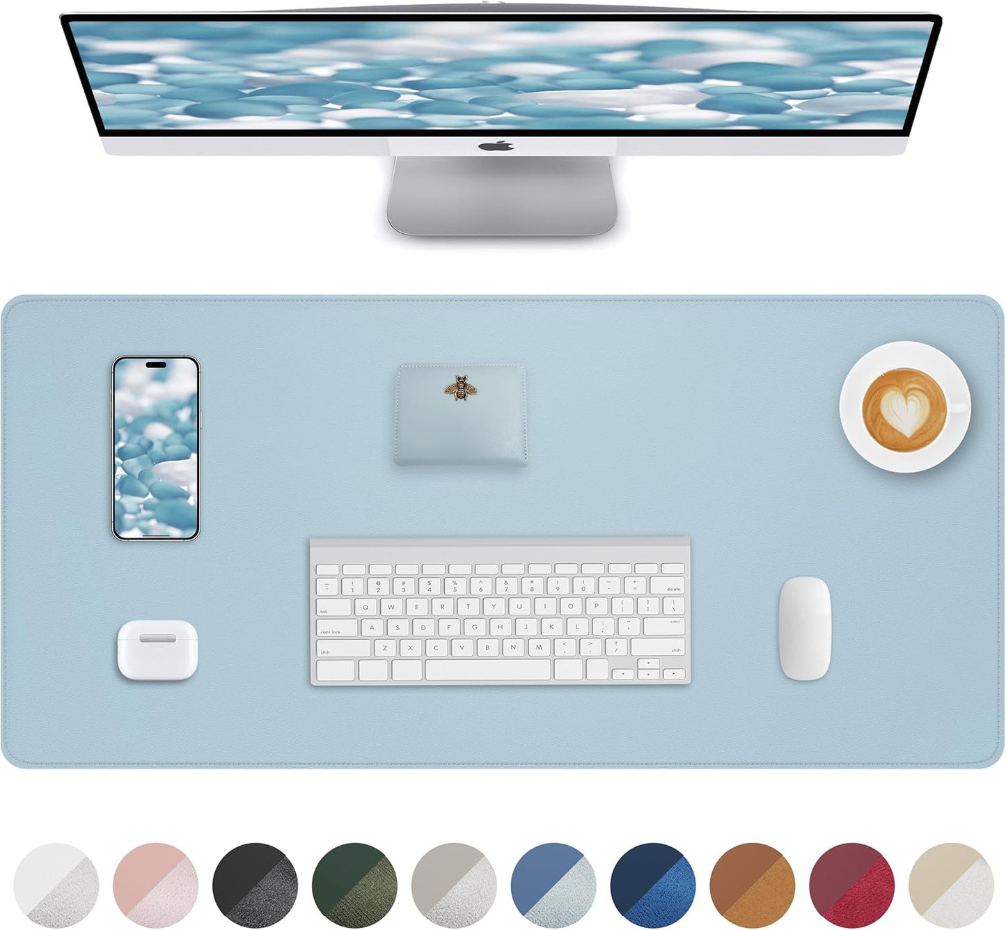 Leather Desk Pad Protector,Desk Mat,Large Mouse Pad, Non-Slip Desk Pad, Waterproof PU Leather Desk Blotter Mat, Desk Cover for Office and Home (Light Blue, 36" x 17")