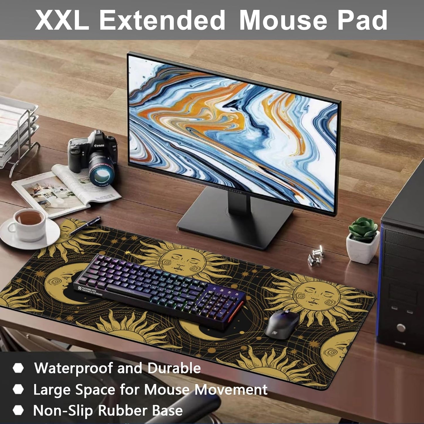 Mouse Pad, Large Golden Sun and Crescent Desk Mat, Extended Non-Slip Gaming Keyboard Mousepad Desk Pad, Thick Stitched Edges Waterproof Mouse Mat 31.5"x15.7" (Sun and Moon)