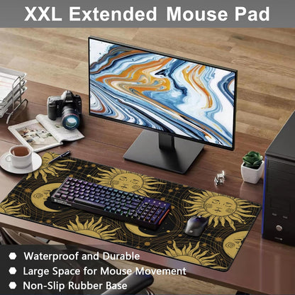 Mouse Pad, Large Golden Sun and Crescent Desk Mat, Extended Non-Slip Gaming Keyboard Mousepad Desk Pad, Thick Stitched Edges Waterproof Mouse Mat 31.5"x15.7" (Sun and Moon)