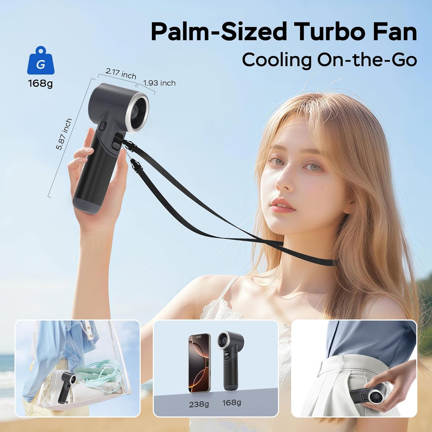 Portable Handheld Turbo Fan, 5000mAh Rechargeable Battery, Max 20Hrs Cooling, 5 Speeds Upto 11000RPM, Rotatable Design,4-IN-1 Personal Pocket Fan with Lanyard for Women Men Travel Beach Makeup Concert