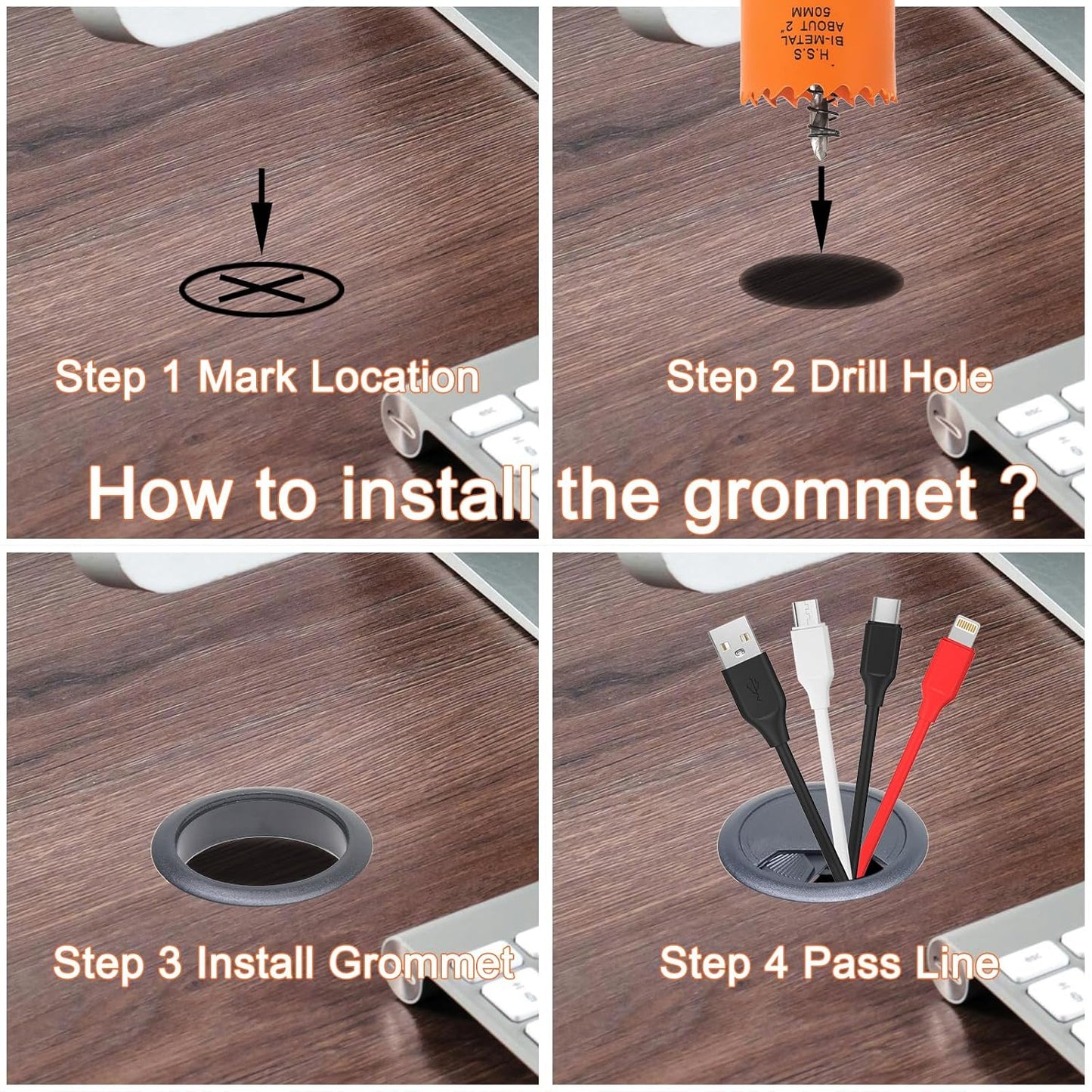 Desk Grommet 2 inch with Hole Saw, Desk Cord Hole Cover Grommet for Cables, 8 PCS, Black