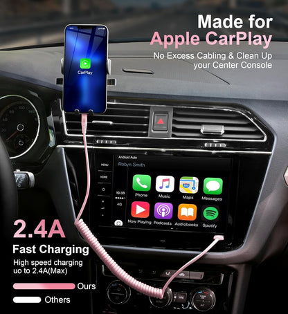 iPhone Charger Cable for Car 3FT, 2Pack Coiled Coiled Lightning Cable [Apple MFi Certified] iPhone Cable Compatible with iPhone14/13/12/11 Pro Max/XS MAX/XR/XS/X/8/7/Plus-Pink