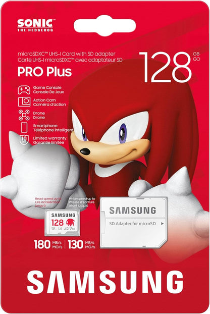 Samsung PRO Plus Sonic The Hedgehog + Adapter, 128GB microSDXC, Up-to 180MB/s, Full HD & 4K UHD, UHS-I, C10, U3, V30, A2, for Nintendo-Switch, Steam Deck, GoPRO, DJI Drone, Tablets (MB-MD128SA/LC1)