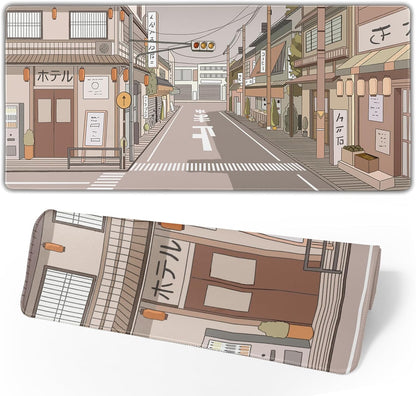 Tokyo Street Anime Kawaii Large Gaming Mousepad XXL Beige Cute Desktop Laptop Keyboard Mouse Mat Desk Pad Big 31.5''x15.7'' with Stitched Edges Non-Slip Rubber Base