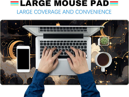 Black and Gold Celestial Desk Mat XXL Extended Gaming Mouse Pad Large Mousepad with Stitched Edges, Laptop Computer Keyboard Mouse Mat Desk Pad for Work Game Office Home Desk Decor 31.5x15.75 in