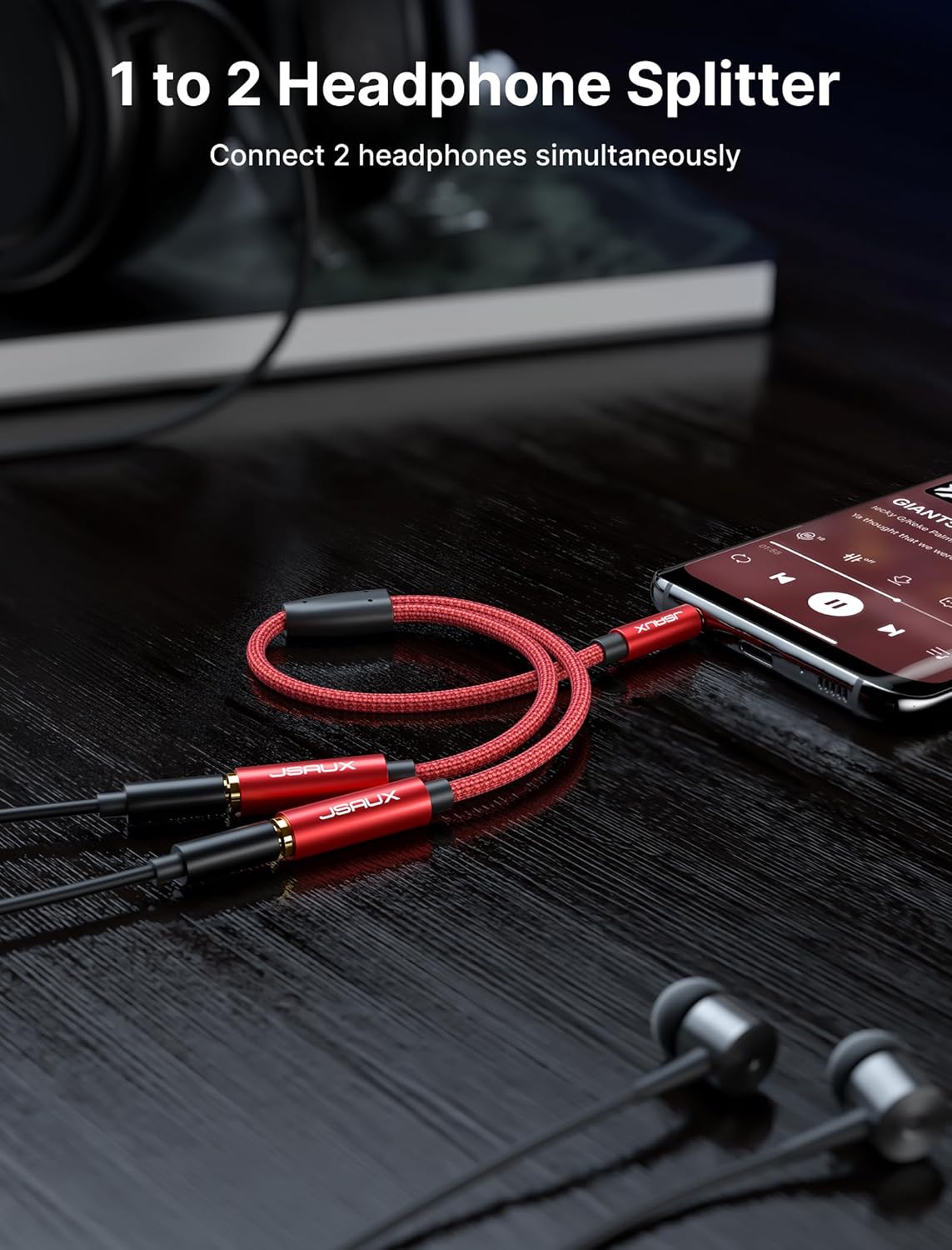 JSAUX Headphone Splitter [2pack] Audio Splitter 3.5mm Male TRS to 2 Dual 3.5mm Female Adapter Nylon-Braided [Red]