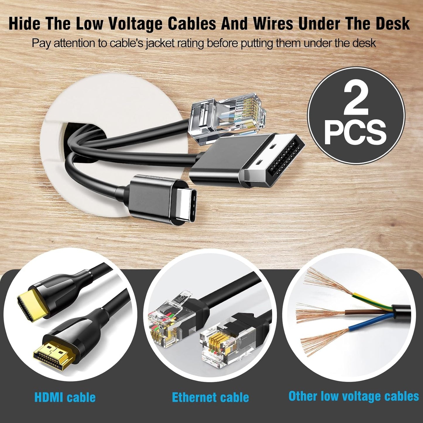 1-3/8" White Desk Grommet, JTemgle Plastic Cable Hole Cover Computer Table Cord Wire Organizer Caps Desktop Cord Management for Home Office TV Stands Tabletops, 2 Pieces