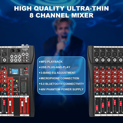 8 Channel Audio Mixer, Professional Music Mixer Board DJ Mixing Console with Bluetooth, USB/MP3 Player, Reverb, and 48V Phantom Power for Studio Recording, Karaoke, and Live Performances