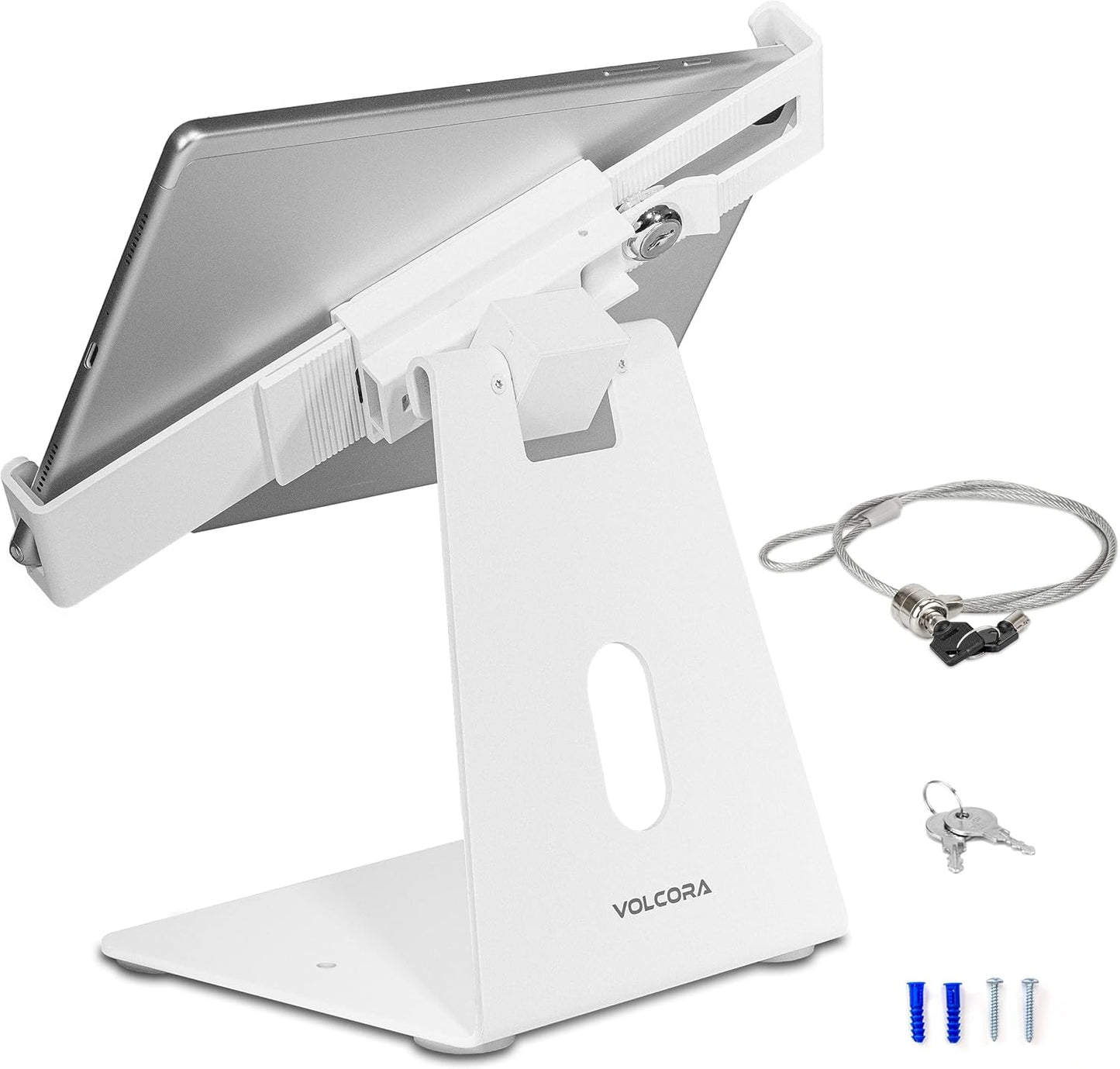 Volcora Anti-Theft Tablet Stand iPad Security Holder with Lock, White 10-13 Inch Kiosk Stand Mount, Swivel, Adjustable, for iPad Pro, Air, POS Register, Retail Business, Checkout, Cashier