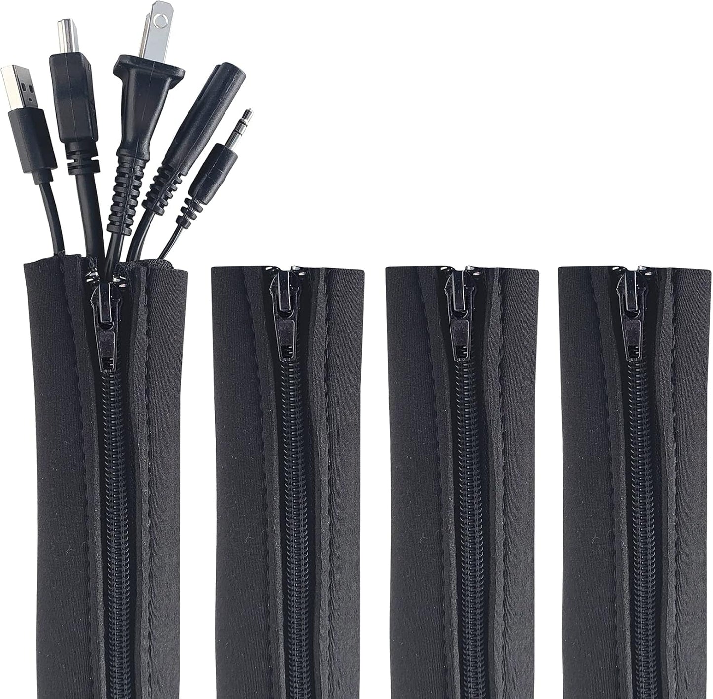Zipper Cable Sleeve by Wrap-It Storage - 24" x 4" (4-Pack) Black - Cord Organizer and Cable Protector for Desk, Computer, TV Cord Management to Hide and Cover Wire and Extension Cables