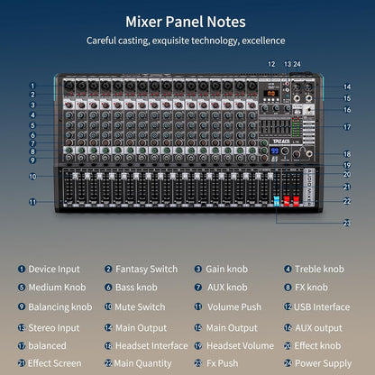 Audio Mixer, TKLBLS Professional 16 Channel DJ Mixer Board with 99-Bit DSP, Sound Board Mixing Console 7-Band EQ Output, USB Audio Interface, Bluetooth 48V Phantom Power For Karaoke Studio Streaming