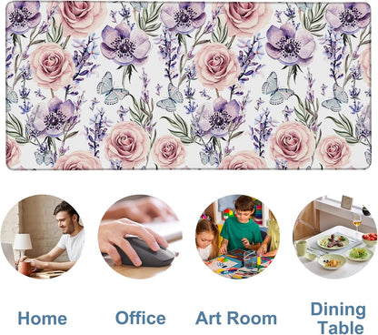 Gaming Desk Pad Large Extra Length Lavender, Roses and Anemone Mouse Pad Keyboard Laptop Non-Slip Waterproof with Rubber Base Thick Stitched Edge Mouse Mat for Office Home 35.4 x 15.7 Inches