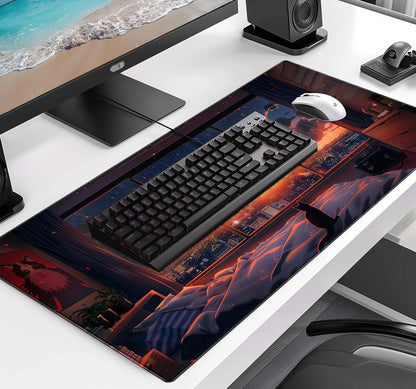 Anime Cat Fantasy Window Mouse Pad, Summer Mouse Pad Large Healing Night Scene, Game Table Pad XL Office Decoration Women's Laptop Keyboard Pad 35.4 x 15.7 x 0.12 Inches