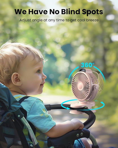 Koonie Portable Clip On Fan, Small USB Battery Operated, 3 Speed Rechargeable Mini Pink With LED Display, 360° Rotate Personal Cooling for Desk Stroller Travel Camping Golf Gym