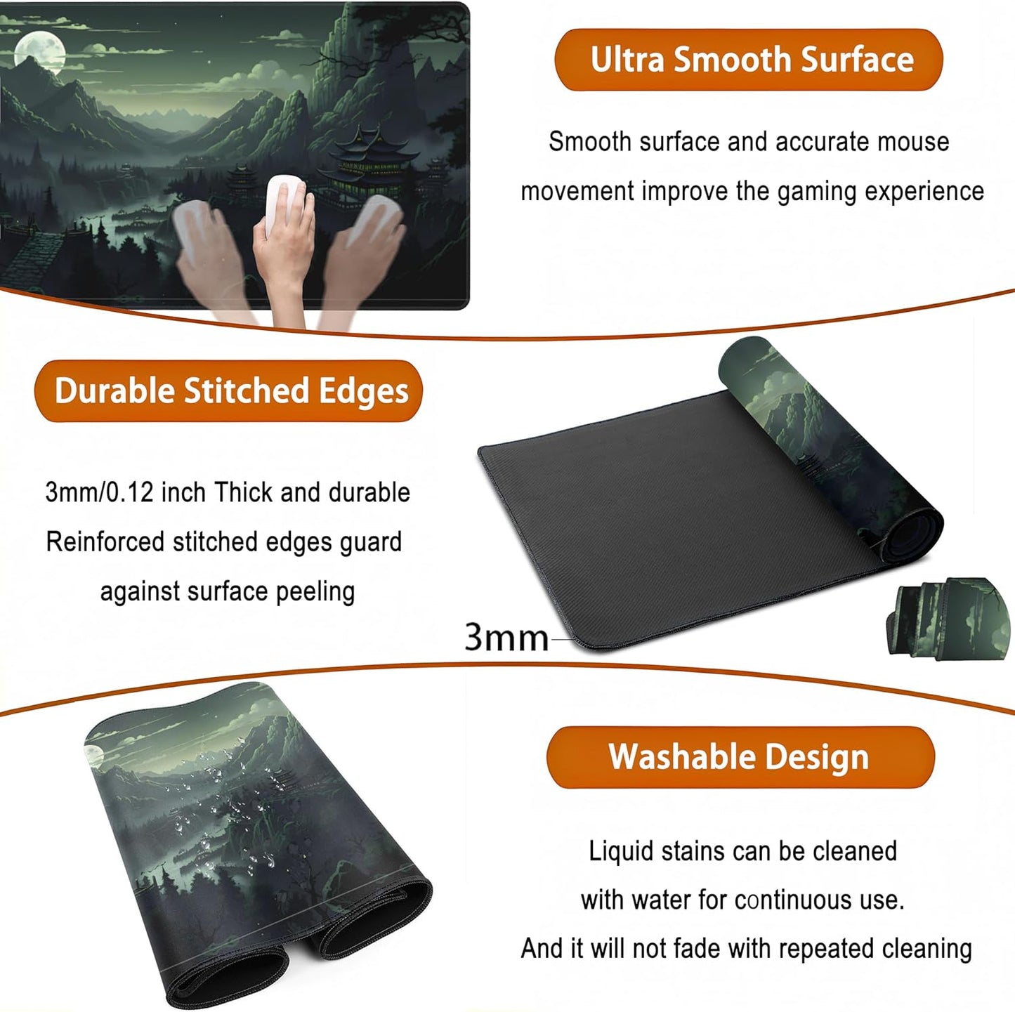 XXL Large Gaming Mouse Pad Anime Green Moon Mountains Desk Mat, Desk Decor Mousepad Computer Mat, Non-Slip Rubber Base Desk Pad, Laptop Keyboard and Mouse Mat with Stitched Edges, 31.5x15.75 in