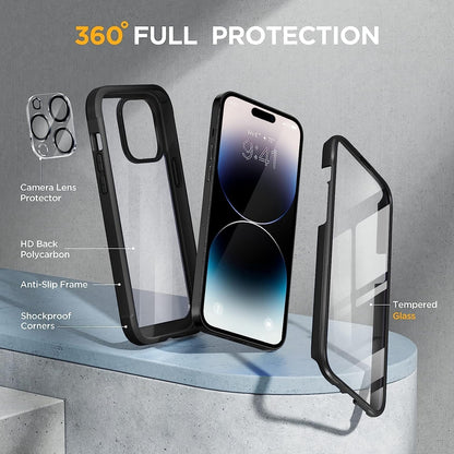 Miracase Glass Series Compatible with iPhone 14 Pro Case 6.1 Inch, Full-Body Clear Bumper Case with Built-in 9H Tempered Glass Screen Protector, with Camera Lens Protector, Black