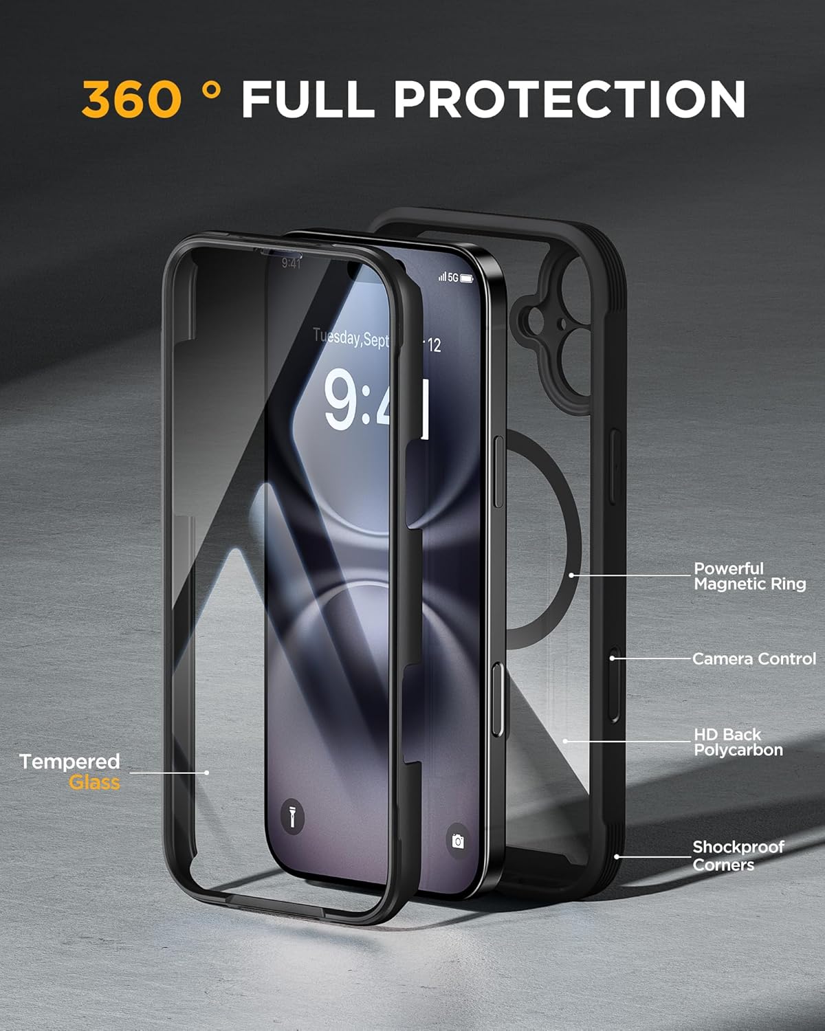 Miracase for iPhone 16 Case 6.1'', Full-Body Bumper Phone case with Built-in Full Glass Screen &Camera Control,No Gap,Compatible with MagSafe,Drop Proof 16 Cover,Black