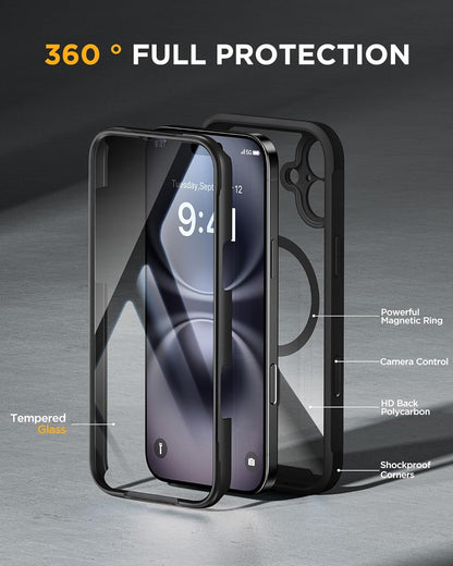 Miracase for iPhone 16 Case 6.1'', Full-Body Bumper Phone case with Built-in Full Glass Screen &Camera Control,No Gap,Compatible with MagSafe,Drop Proof 16 Cover,Black