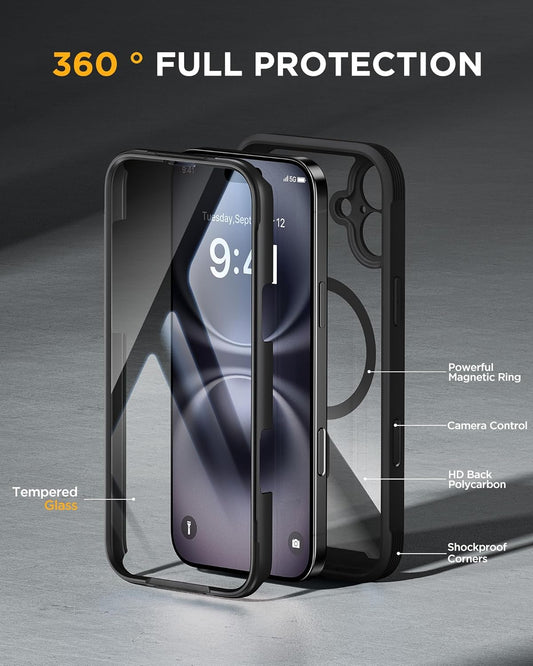 Miracase Magnetic for iPhone 16 Plus Case Full-Body Phone with Built-in Glass Screen Protector, [Compatible with MagSafe] Military Drop Proof 16 Plus Cover Bumper 6.7 inch, Black