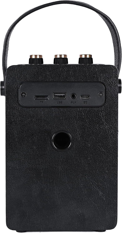 Fuse Andle Vintage Retro Bluetooth Speaker with Vegan Leather Handle | Portable Speaker with Smartphone Connection | USB & AUX Input | Stylish Black Wood Exterior