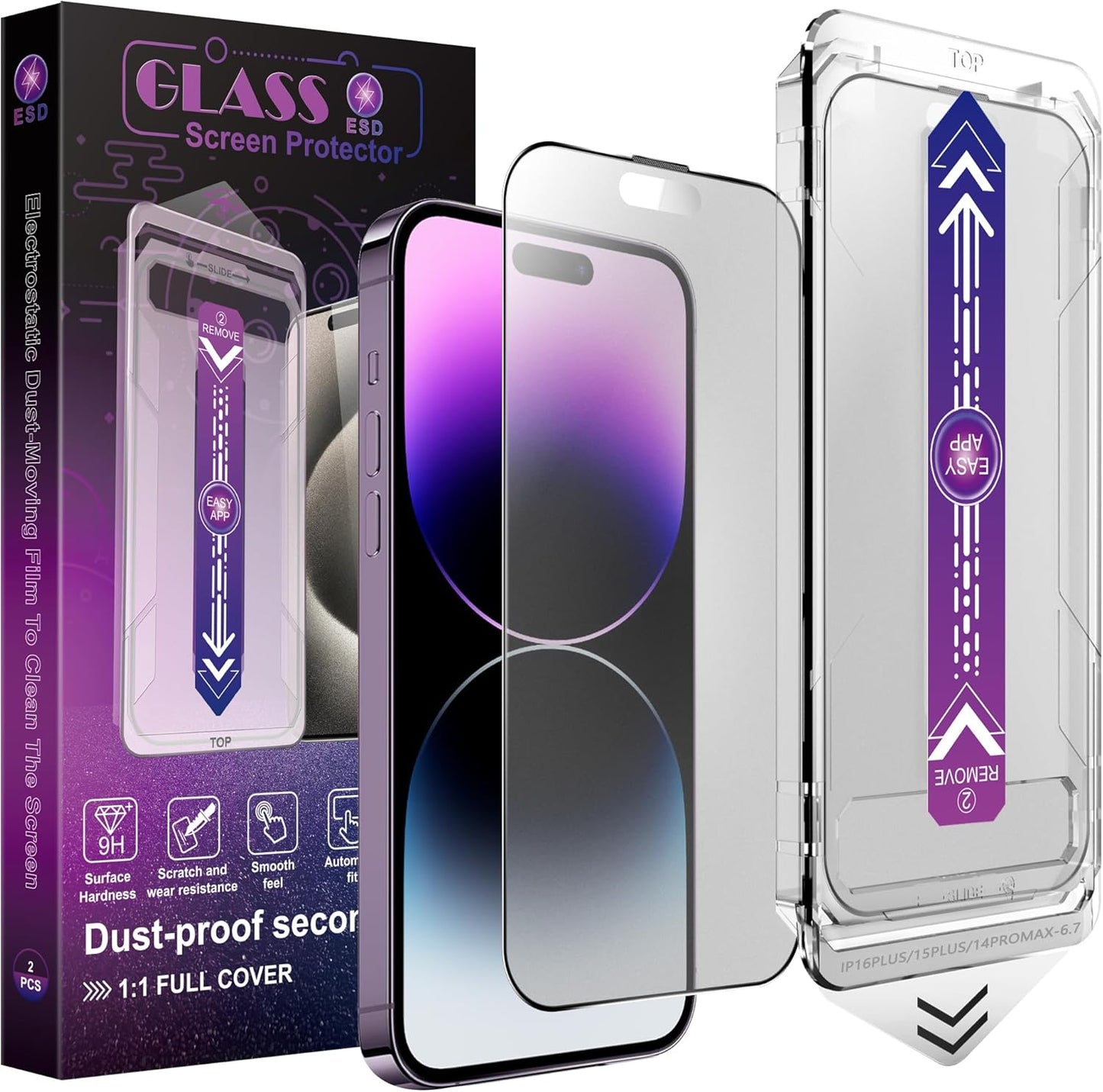 2 Pack Matte Screen Protector for iPhone 14 Pro Max/iPhone 15 Plus/iPhone 16 Plus, 9H Tempered Glass, Full Coverage, Anti-Fingerprint, Auto Dust-Elimination, No Bubble, Easy Installation
