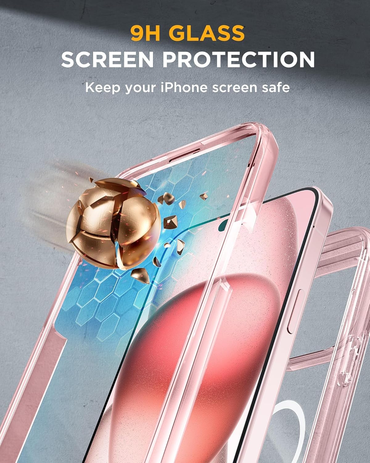 Miracase Glass Series for iPhone 15 Case [Compatible with MagSafe] Full-Body Magnetic Case with Built-in 9H Tempered Glass Anti-Fingerprint Screen Protector + Camera Lens Protector, Clear Pink