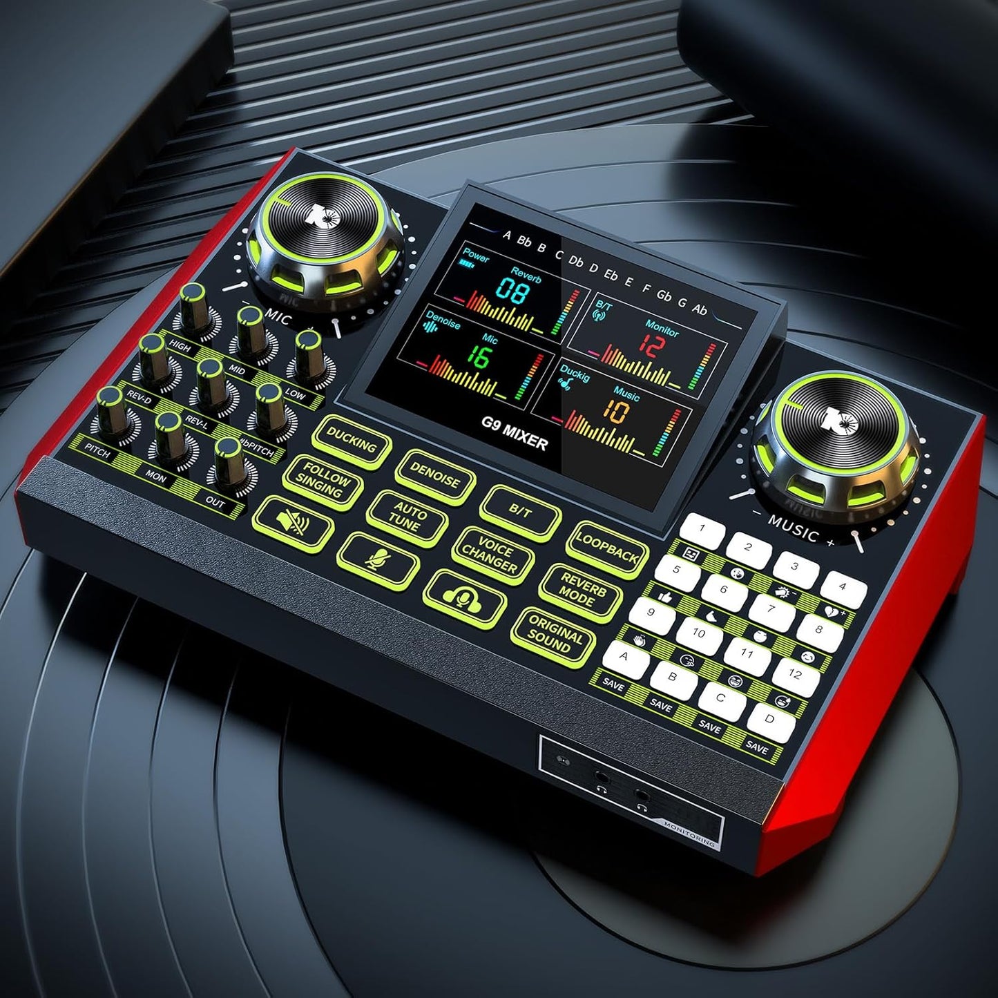 Audio Mixer, Sound Board for Pc/Phone Live Streaming Singing Gaming, Sound Mixer for 3.5/6.35mm Dynamic Microphone, Live Sound Card with DJ Mixer Effects & Voice Changer, Denoise, One Click Mute