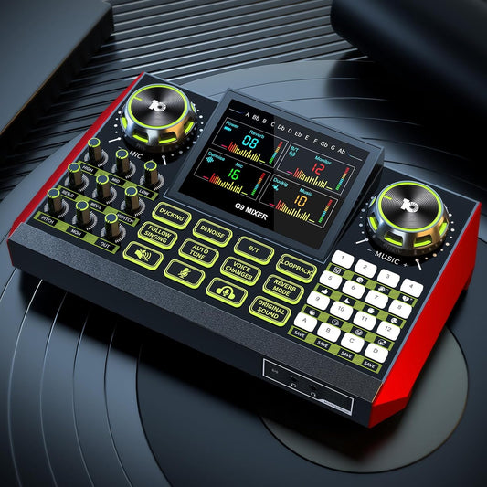 Audio Mixer, Sound Board for Pc/Phone Live Streaming Singing Gaming, Sound Mixer for 3.5/6.35mm Dynamic Microphone, Live Sound Card with DJ Mixer Effects & Voice Changer, Denoise, One Click Mute