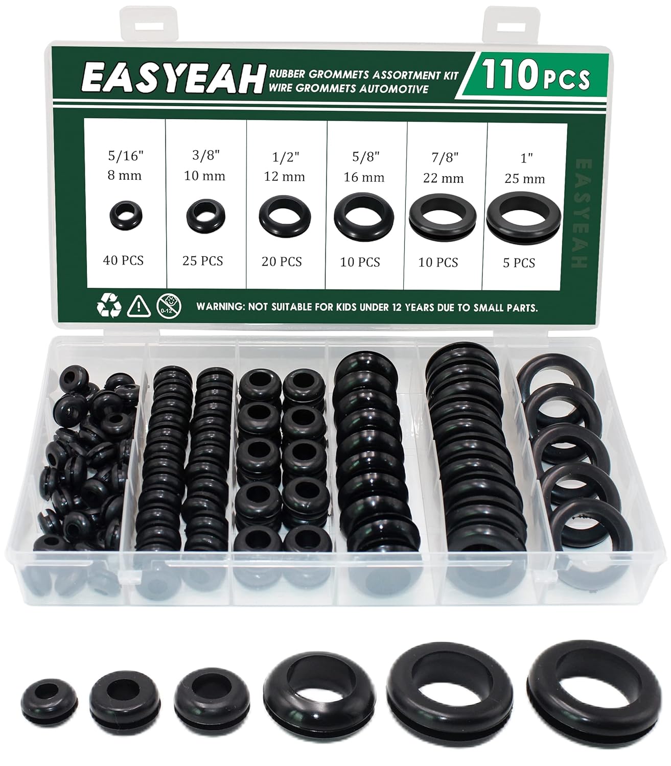 110 Pcs Rubber Grommets for Wiring - Rubber Grommet Assortment Kit 6 Sizes 5/16 3/8 1/2 5/8 7/8 1 Inch, Cable Hole Plug Firewall Automotive Wire Grommets Set for Sheet Metal, Hardware Repair