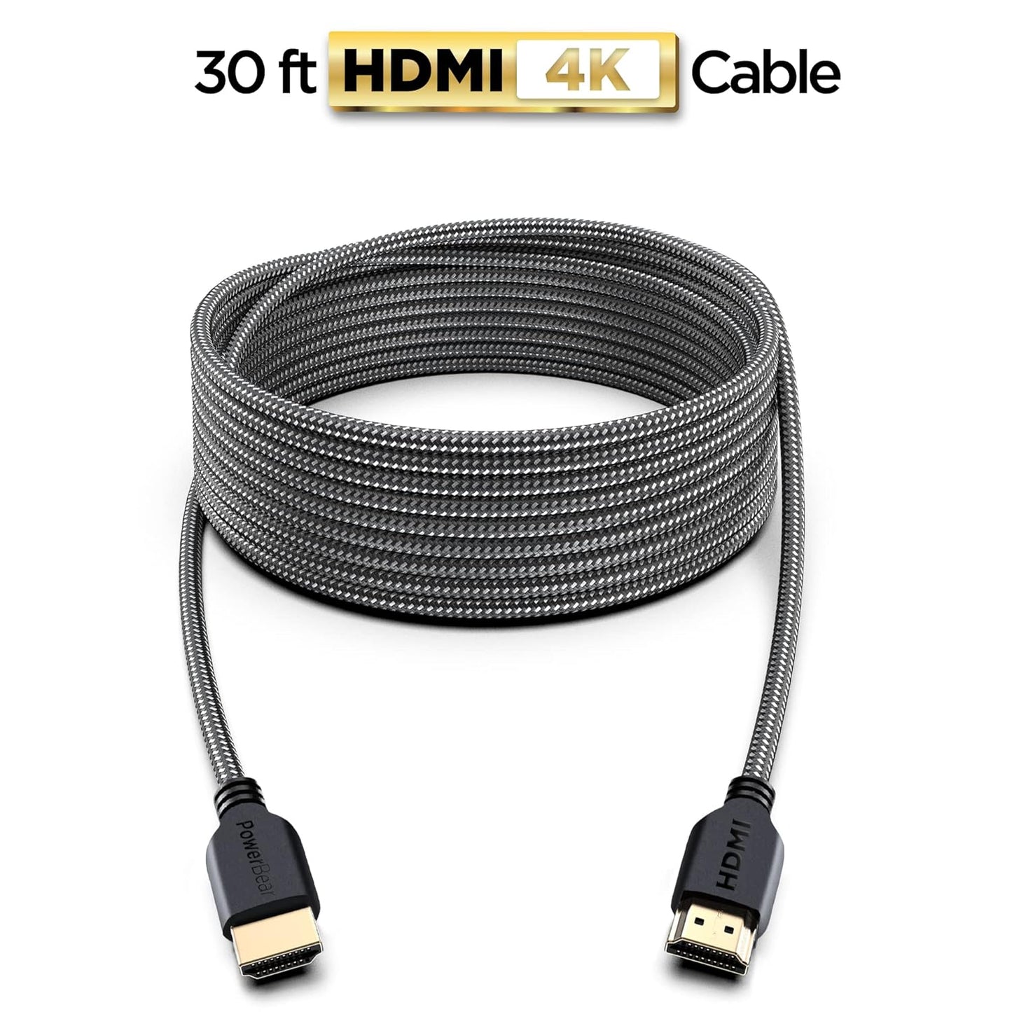 PowerBear 4K HDMI Cable 30 ft | High Speed Hdmi Cables, Braided Nylon & Gold Connectors, 4K @ 60Hz, Ultra HD, 2K, 1080P, ARC & CL3 Rated | for Laptop, Monitor, PS5, PS4, Xbox One, Fire TV, & More