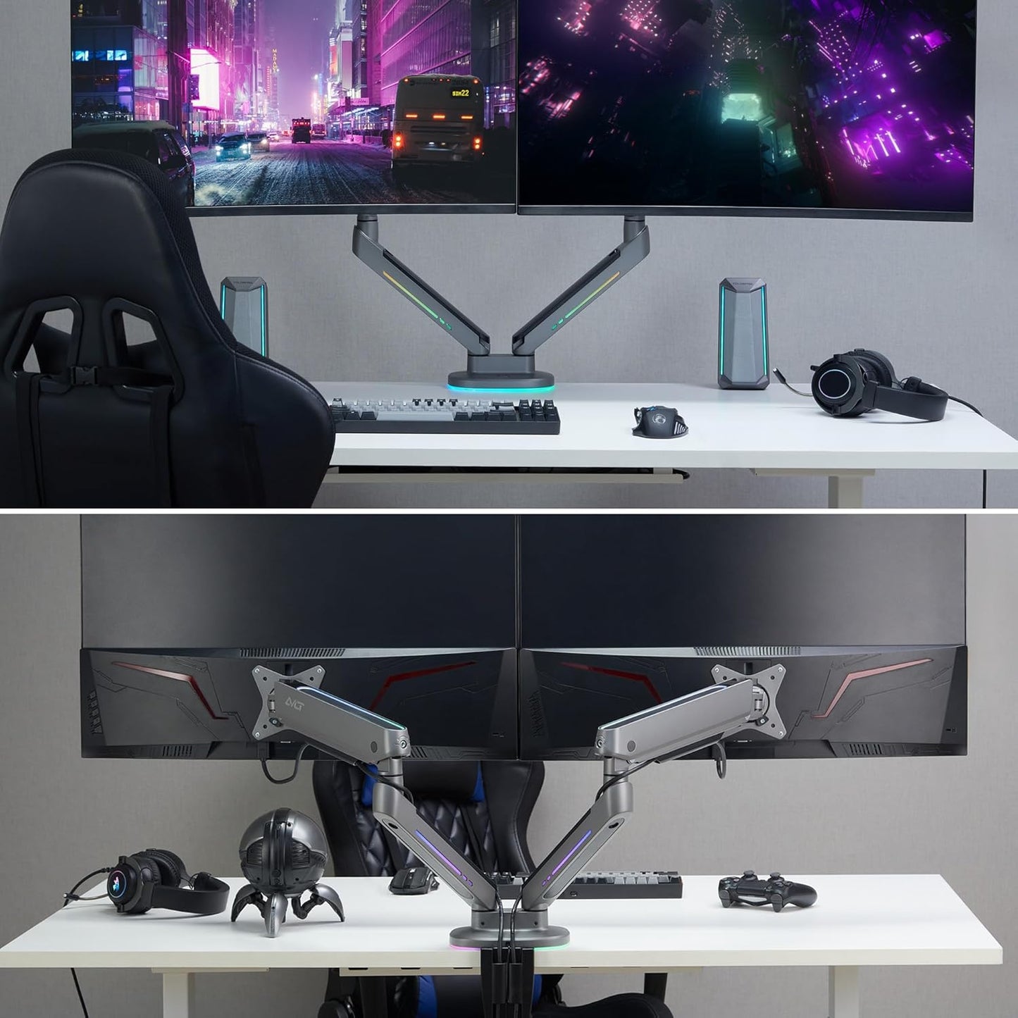 AVLT Dual 27”-43” RGB Gaming Monitor Arm Desk Mount Built-in 20 Lighting Modes Touch Button Control Fits Flat/Curved/Ultrawide Screen Height Swivel Tilt Rotation Adjustable Monitor Stand -Dark Gray