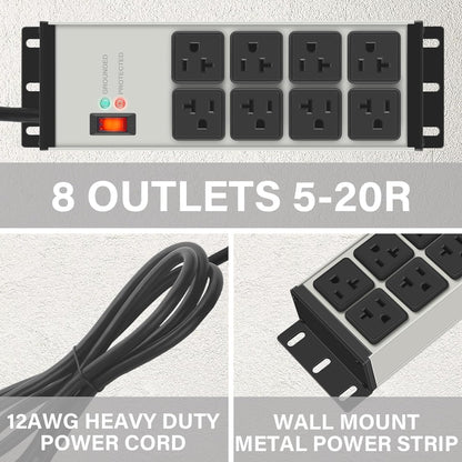 CCCEI Grey Heavy Duty Power Strip Surge Protector 20 AMP, 8 Outlets 12 Gauge Industrial Shop Garage Metal Multiple Outlets, 12 FT Extension Cord 5-15P Adapter High Amp 6-20R T-Slot 20a for Appliance