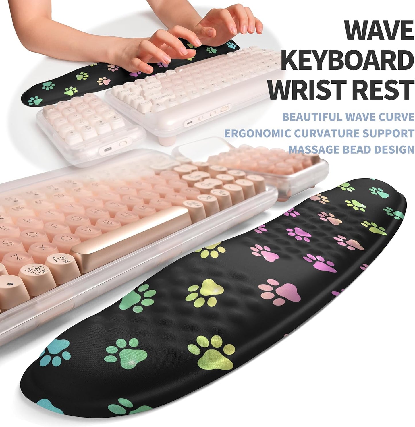 2-in-1 Ergonomic Set, Wave Keyboard Wrist Rest and Massage Slope Mouse Pad Wrist Support, Rebound Memory Foam for Relieve Carpal Tunnel Syndrome and Wrist Pain (Cute Cat Claws)