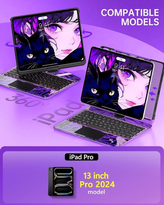 Intermerge for Clear iPad Pro 13" (M4) 2024 Case with Keyboard, 360° Multi-Touch Trackpad, 7-Color RGB Backlit Keyboard, Pencil Holder, Type-C, Power Indicator - Neon Pulse