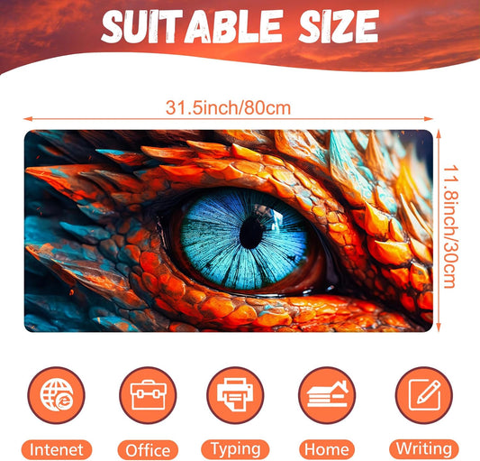 Large Gaming Mouse Pad for Desk, Dragon Blue Eyes Desk Mat, Dragon Eyes Desk Pad, 31.5"x15.7" Extended Big Computer Keyboard Mouse Pad with Non-Slip Base and Stitched Edge
