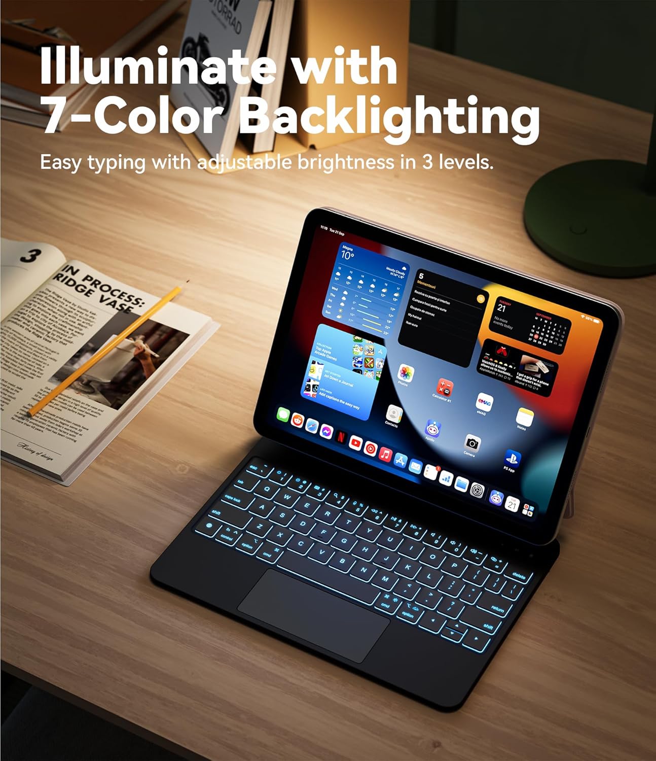 GreenLaw for iPad 11th(A16,2025)/10th(2022) Generation Case with Keyboard, Magic-Style Keyboard Stand, 7 Color Backlit, Stain-Resistant Surface, Multi-Touch Trackpad,Obsidian Black