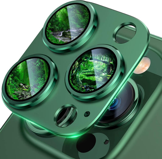 UniqueMe for iPhone 13 Pro/iPhone 13 Pro Max Camera Lens Protector, [Strong Drop Protection] [Not Easy to Fall-off] Metal Ring Tempered Glass Rear Camera Screen Cover, Alpine Green