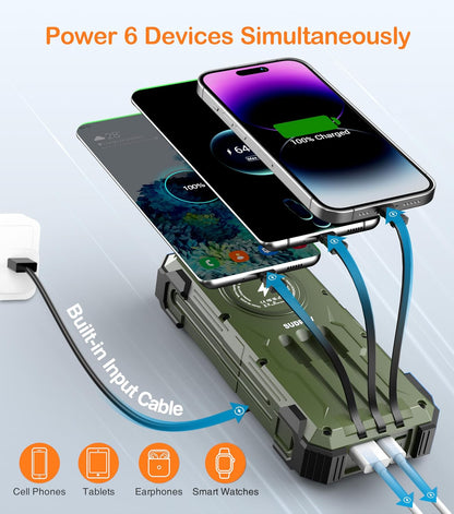 Army Green Solar Power Bank 42800mAh, 15W Wireless Portable Charger with Built-in Cables, 5 Outputs & 3 Inputs, Outdoor Battery Pack with LED Flashlight, Fast Charging for iPhone, Samsung, iPad
