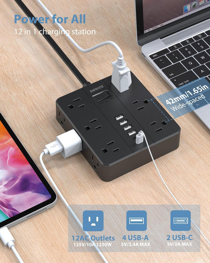 Power Strip Flat Plug with 12 Outlets 6 USB(2 USB C),SMNICE Surge Protector Charging Station with Overload Protection,5ft Extension Cord Widely Spaced Multiple Outlets for Home Office Dorm,Black