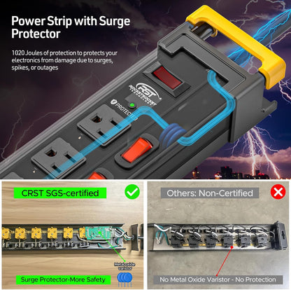 CRST Heavy Duty Metal Power Strip with Individual Switches, 12 Outlets Long Surge Protector Power Strip (1020J), 15A/1875W, 9FT Cord, Use for Garage Workshop Office School and Home...