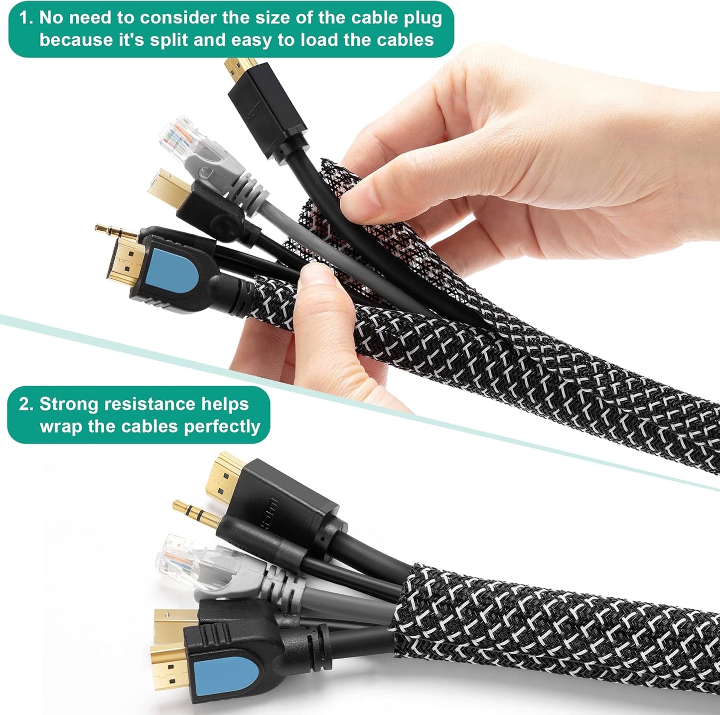 ZhiYo 6.6ft - 1 inch Cable Sleeve, Cord Wrap Wire Protector Tubing for Pets, PC Cable Wrap, Computer Cable Management Sleeve - Black - White
