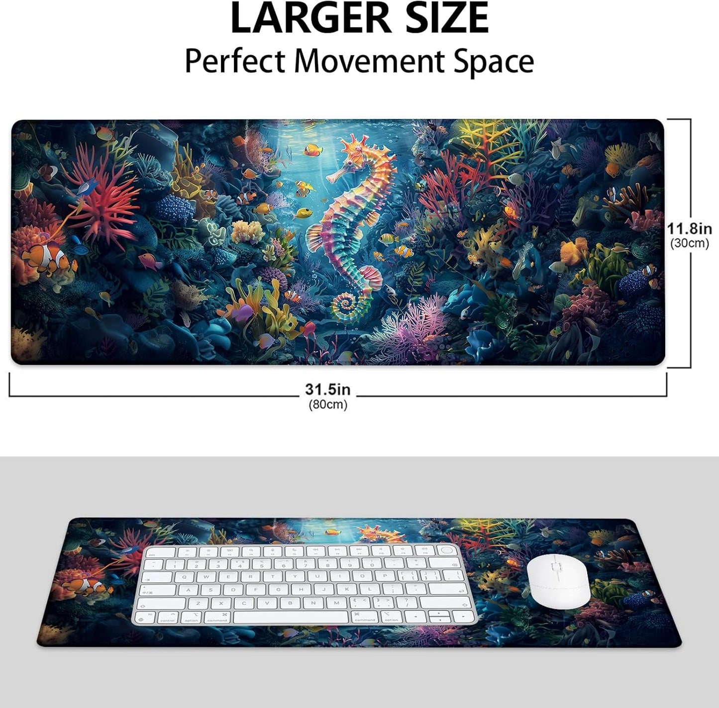 Seahorse Large Mouse Pad, Gaming Mouse Pad, Keyboard Mat, Non-Slip Rubber Base, Office Accessories, Desk Mat, MousePads for School, Work, Home Decor Gifts 31.5" x 11.8"