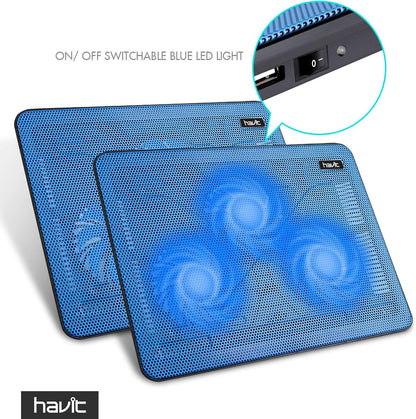 Havit HV-F2056 15.6-17 Inch Laptop Cooler Cooling Pad - Slim Portable USB Powered (3 Fans) (Blue)